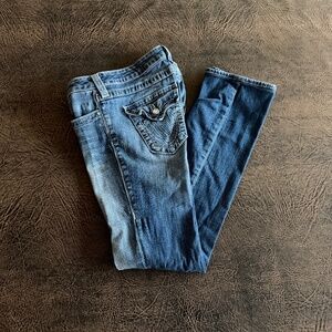 True Religion Women's Straight Jeans Rhinestone Buttons/Pocket Studs Size 28